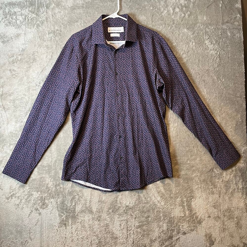 Mizzen+Main Leeward Trim Fit Long Sleeve Dress Shirt Sz L Paisley Print Navy